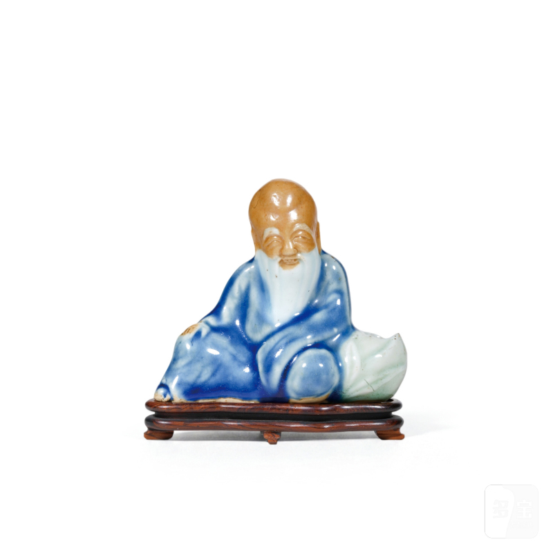 清乾隆蓝釉寿星人物纹水盂（带木座） - 图1
